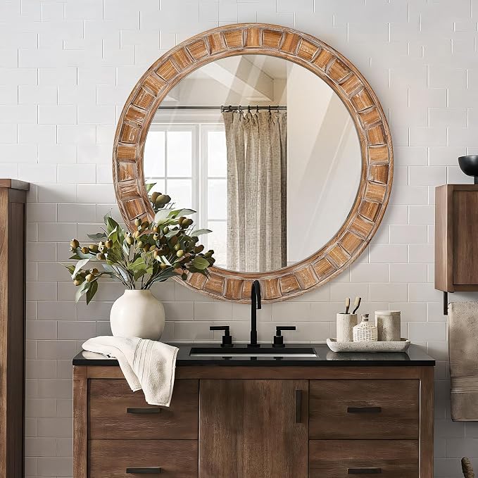 30 Inch Brown Solid Wood Round Wall Mirrors | Decorative Circle Mirror for Bathroom, Bedroom, Living Room, Hallway, Foyer, Entryway