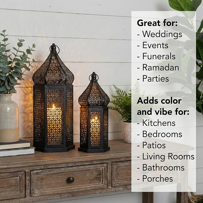 Vela Lanterns Decorative Indoor Black Moroccan Temple Lanterns, Set of 2