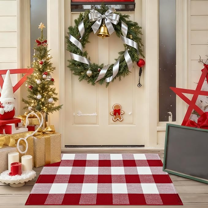 USTIDE Buffalo Check Plaid Doormat Red and White 2'x3'Hand Woven Cotton Plaid Rugs Farmhouse Layered Door Perfect for Front Door Porch Outdoor Rug