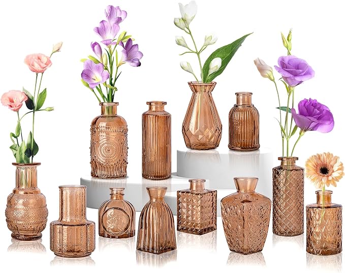 Gold Amber Glass Bud Vase Set of 12, Small Vintage Flower Bottle Petite Glass Flower Vase for Floral Arrangements, Decorative Centerpiece,Table Decor,Home Wedding Party