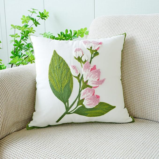 vctops Farmhouse Hibiscus Flowers Cotton Tufted Throw Pillow Cover Spring Floral Embroidery Pillowcase Soft Square Cushion Case for Sofa Couch Bed Chair (Pink F,18"x18")