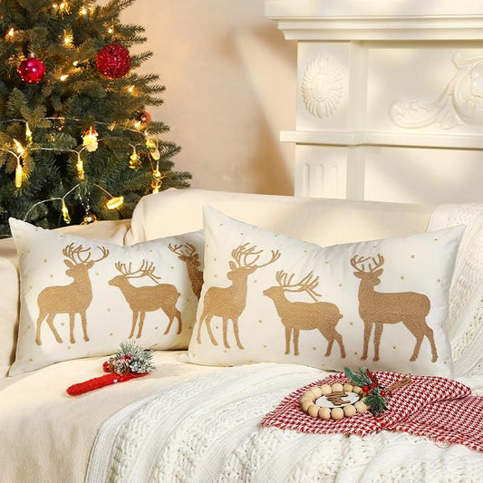 Lewondr Christmas Soft Velvet Throw Pillow Cover, Beige, 2 Pack, 12"x20" | Deers Embroidery, Decorative Throw Pillow Case, 30x50cm, Soft Velvet, Embroidery Cushion Cover, For Bed Sofa Chair Home