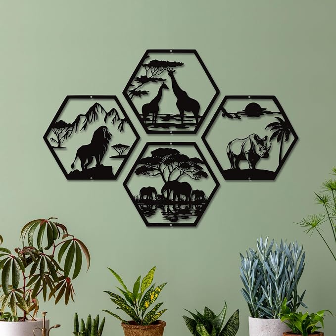 Xedatric African Safari Metal Wall Art 4-Piece Lion Elephant Giraffe Rhino | Matte black finish, rust-resistant, ideal for home or office, wildlife decor.