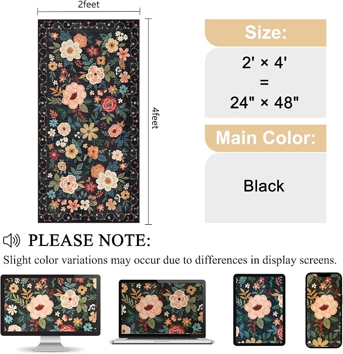 DUKINO 2x4 Entryway Rug, Floral Washable Kitchen Rugs Non Slip, Black | Low Pile, Soft Indoor Runner Rug for Hallway, Bedroom, Bathroom, Laundry, Pet Friendly, Modern Home Decor, Stain Resistant