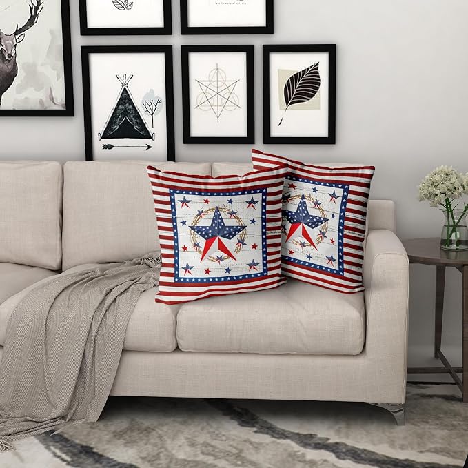 Giwawa 18"x18" Patriotic Stars Pillow Covers 4th of July Star Wreath Decorative Throw Pillow Cases Set of 2 Independence Day Cotton Cushion Covers for Sofa Couch Indoor Outdoor Holiday