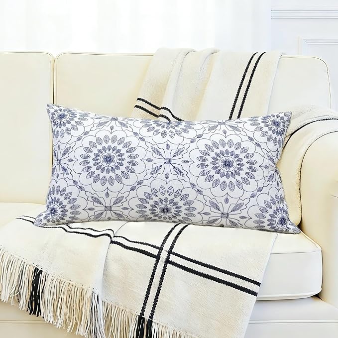 Slow Cow Embroidery Decorative Lumbar Throw Pillow Cover for Couch Sofa Bedroom Geometric Flower Pattern Cushion Cover 12 x 24 Inches Navy Blue