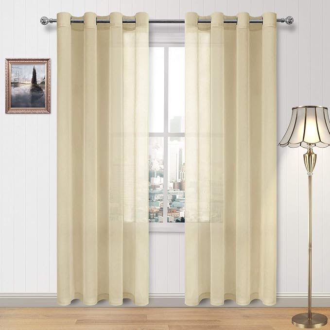 DWCN Sheer Curtains Faux Linen Voile Sheer Drapes for Living Room Grommet Window Curtain 52 x 84 Inch Long, Set of 2 Beige Panels