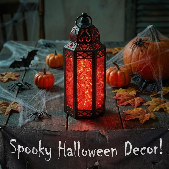 Vela Lanterns Decorative Indoor Red Gothic Fairy Light Candle Holder, M | Halloween Vampire Decor, Fantasy Witchy Whimsigoth Lamp, Moroccan Metal Hanging Flameless LED Lantern, Remote, 10.5" Tall