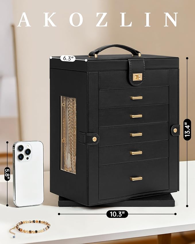 AKOZLIN 6-Tier Jewelry Box Organizer Functional 5 Drawers Leather Jewelry Storage Case for Women Girls Ring Necklace Earring Bracelet Holder Organizer with Mirror XL Black 360° Rotating
