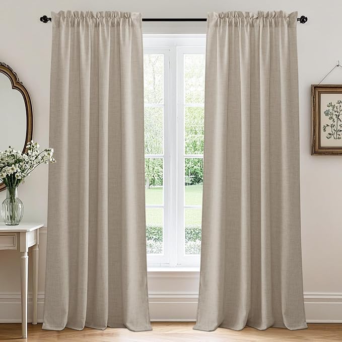 RYB HOME Natural Beige Linen Sheer Curtains 95 inches Long for Living Room | Weave Textured, Rod Pocket, Light Filtering, for Dining Room, W52 x L95, 2 Panels Set