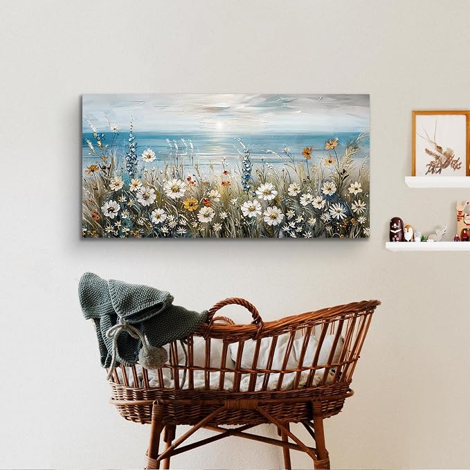 SERIMINO Coastal Landscape Wall Decor, Beach Daisy Canvas Prints 24"X48" | Large Beach Wall Art, Coastal Wildflower Daisy Artwork, Dining Room Kitchen Decor, Ready To Hang, Fade-resistant Inks