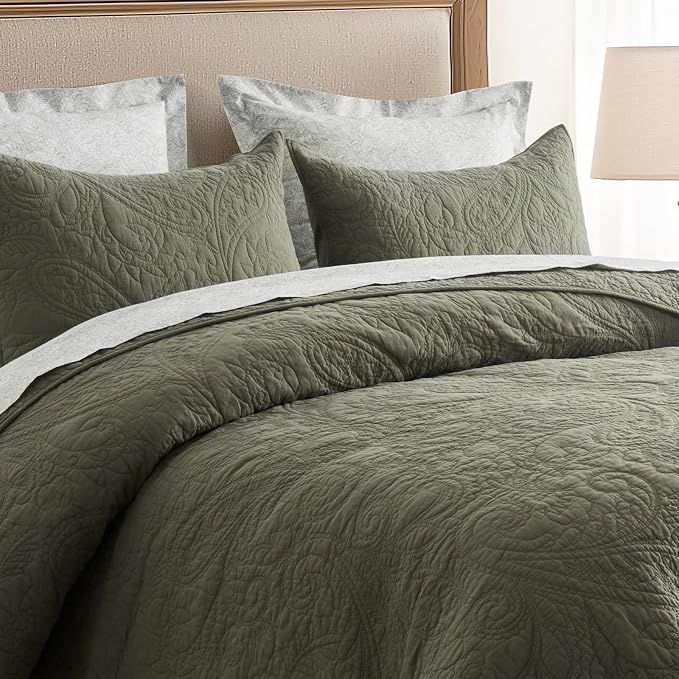 EVERGRACEHOME 100% Cotton Paisley Quilt Set, Queen Size, Olive Green | Prewashed for Softness, Year-Round Breathability, Gift-Ready Box, Matelasse-style Quilted Coverlet, 3 Piece Set with 2 Shams