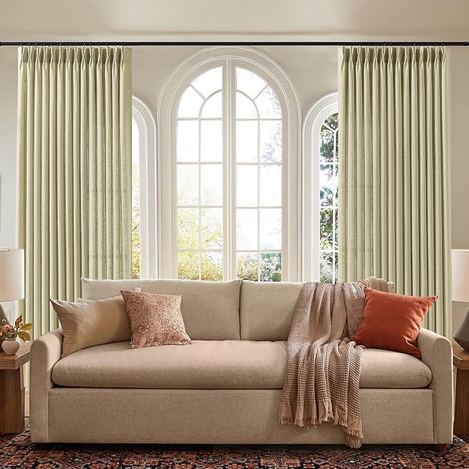Extra Wide Pinch Pleated Semi Sheer Linen Curtains Light Filtering, 60X90 | Living Room, Linen Blend, Pinch Pleat, Linen Blend, Hook Rings, Non See Through, Privacy, Sliding Door, Grey Beige, 1 Panels