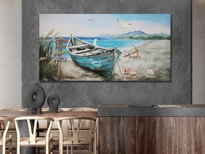 Anolyfi Nautical Wall Art Decor Coastal Artwork for Living Room 48"x24" | HD Print and Hand-painted Textured, Easy to Hang, Durable Colorfast, Blue Boat Beach Paintings for Hallway Home Decor