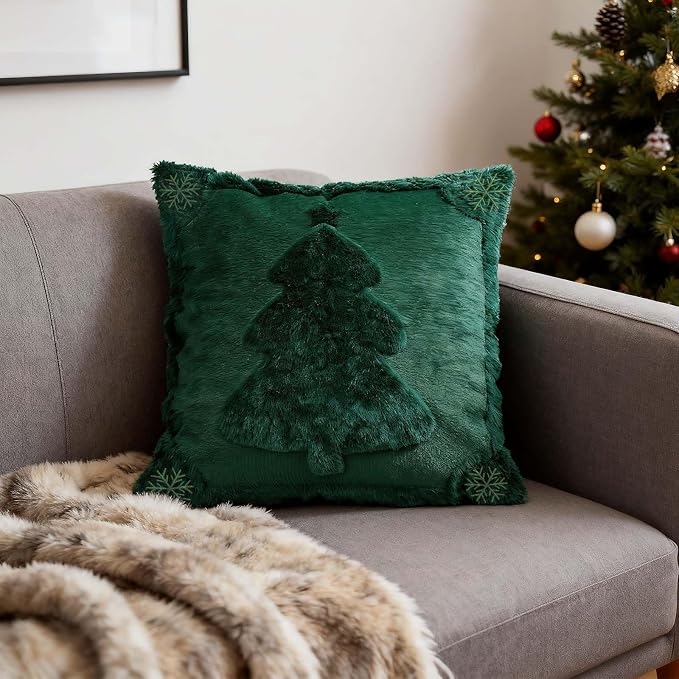 ONFAON Christmas Decorations - Christmas Pillow Covers 18x18 Inch Set of 2,Embroidered Xmas Tree Soft Plush Faux Fur Wool Throw Pillows Winter Holiday Decor for Sofa Living Room, Green