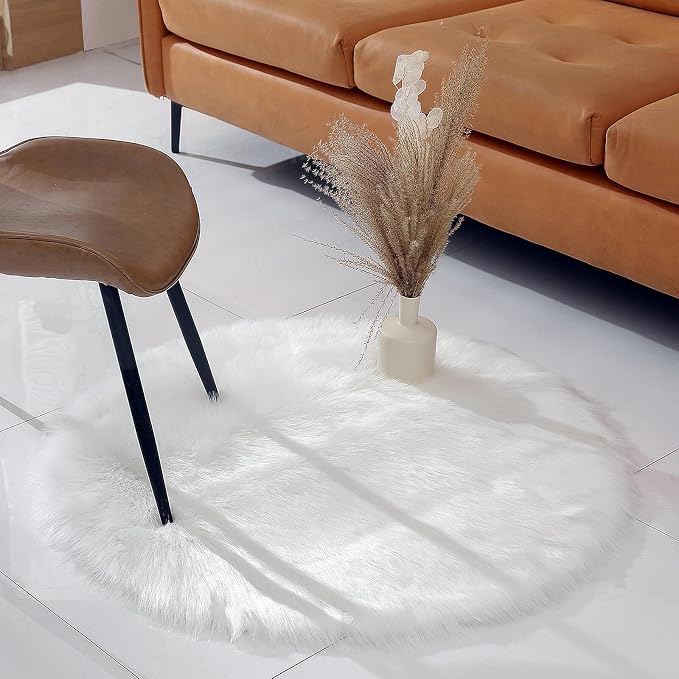 linmopm Faux Fur Sheepskin Rug, White, 3x3 ft, Round | Shag Fluffy Fuzzy, High-Density Cushion, For Bedroom Bedside Living Room, Plush Carpet, Sofa Cover