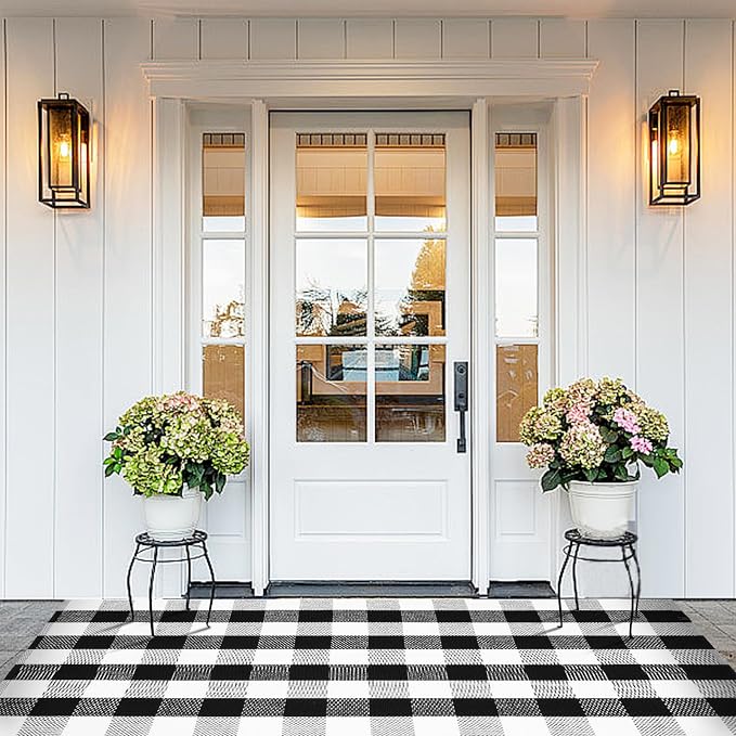Buffalo Plaid Area Rug 4x6 Ft, Black White Indoor Outdoor Rug | Cotton Blend, Black White Checkered, Machine Washable, Front Porch Entryway, Kitchen Bathroom