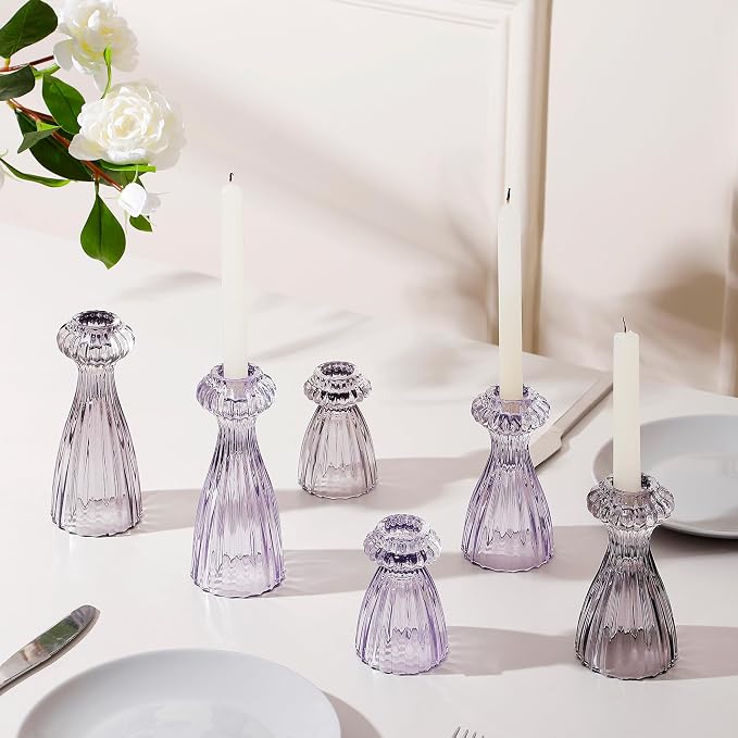 Lysenn Glass Candlestick Holders, Taper Candle Holders Set of 6, Smoke Gray