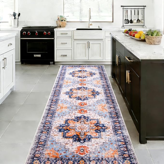 2x6 Rug Runners for Hallways Non Slip, Washable Kitchen Runner Rug | Soft faux wool, machine washable & stain resistant. Non-slip rubber backing, low pile. For hallway, kitchen, bedroom.Blue.