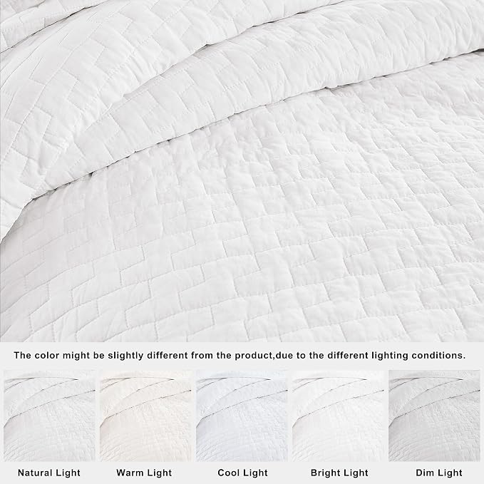palassio White 100% Cotton Quilt Queen Size Bedding Sets with 2 Pillow Shams, Textured Lightweight Soft Bedspread Shabby Chic Coverlet, Quilted Comforter Bed Cover for All Season, 3 Pieces