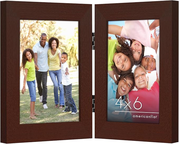 Americanflat Hinged 4x6 Picture Frame with Shatter-Resistant Glass - Double Picture Frames Display Two 4x6 Photos - Signature Collection - Photo Frame for Tabletop Display - Mahogany