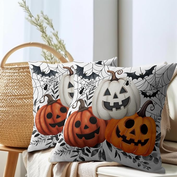 Halloween Pumpkin Throw Pillow Covers 16X16 Inch Pumpkins Jack-O-Lanterns with Black Bat Web Decorative Holiday Pillow Case Cotton Linen Fall Farmhouse Cushion Cover for Home Sofa Couch
