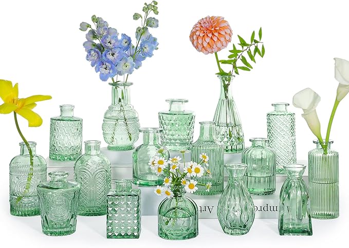 SUPMIND Glass Bud Vase Set, 16pcs Green Small Flower Vases for Centerpieces | Cute Mini Vintage Vases in Bulk for Table Centerpieces, Wedding, Home, Party Decoration