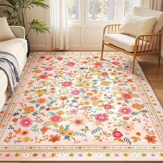 Washable Floral Area Rug for Living Room 5x7 Pink Beige | Non-Slip，Vacuum-Friendly, Low Pile, Flower Carpet for Bedroom Kitchen Entryway Dining Room Office Nursery