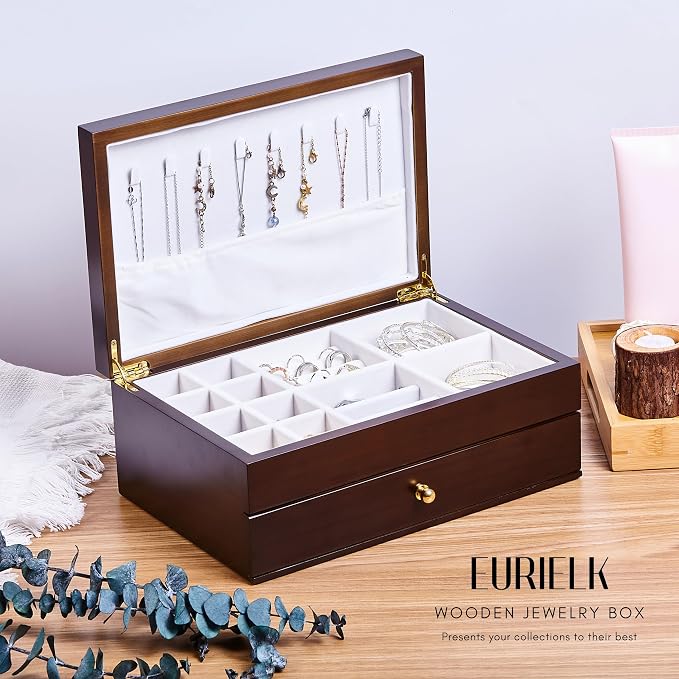 Wooden Jewelry Box with Drawer, 2-Layer Organizer, ek15-m-dark | Medium Size, Real Natural Solid Wood, Vintage Style Case with Earring Storage, Ring Compartments, and Necklace Hooks