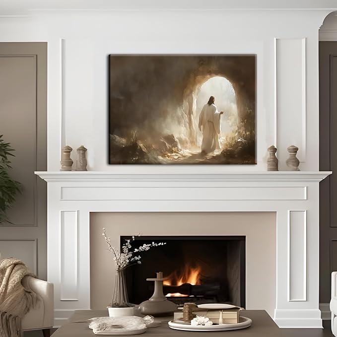 Easter Jesus Leaves the Tomb Canvas Wall Art, Christian Resurrection Savior Wall Decor Paintings, Religion Bible Pictures Posters Prints for Church Prayer Room Living Room 12x16 Inch Framed