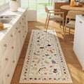 Rugcomf 2x5 Runner Rug - Floral Cat Machine Washable Kitchen Rug, Non-Slip Low Pile Boho Carpet for Hallways, Laundry, Entryway, Bedroom, Bathroom - Beige