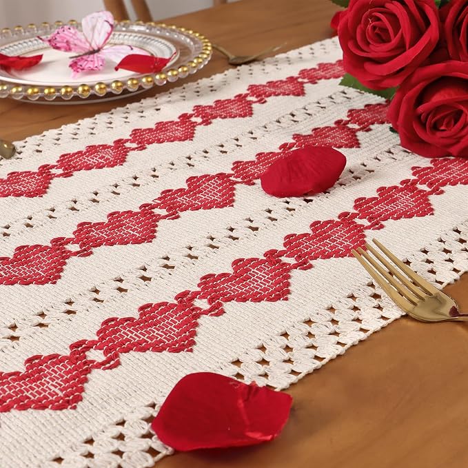 Macrame Table Runner Beige and Red Heart Boho Runners with Tassels 12x71in | Alynsehom Hand Woven Cotton Table Runner Rustic Farmhouse Table Runners for Valentine's Day Bohemian Kitchen Dining Table