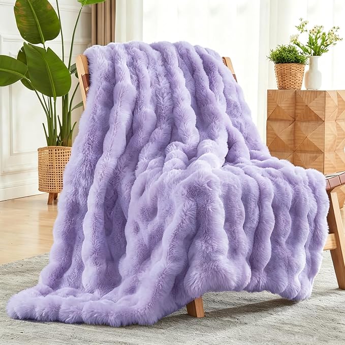 NEWCOSPLAY Faux Fur Fluffy Bubble Twin Blanket for Couch,Lavender,60"x80" | Soft Thick Warm Bubble Blanket for Couch Sofa Bed 550GSM, Plush Cozy Luxury Decorative Throw, Gift for Women Men