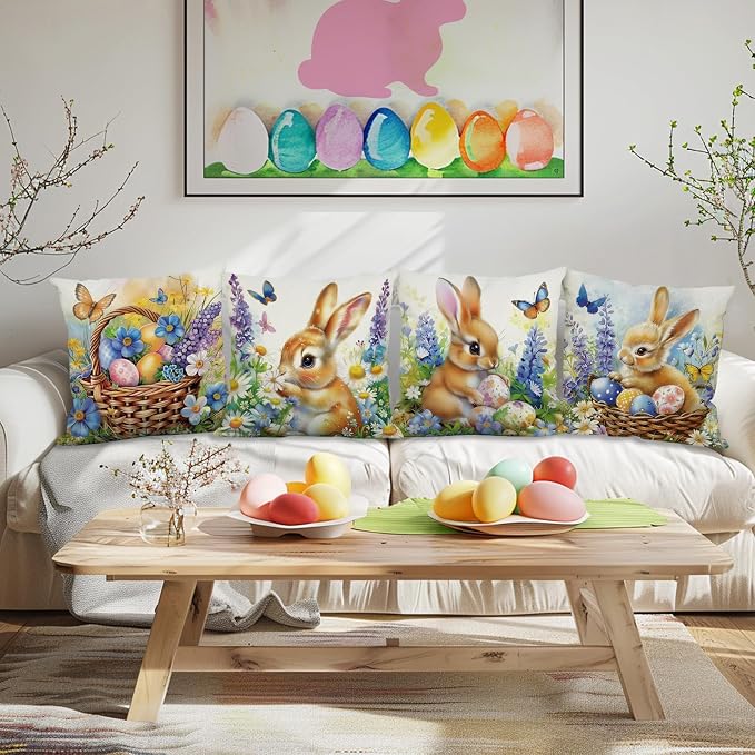 Easter Pillow Covers 18x18 Inch Set of 4 Bunny Eggs Throw Pillow Covers Easter Floral Butterfly Decorative Pillowcase Cushion Case for Home Sofa Living Room Farmhouse Decorations