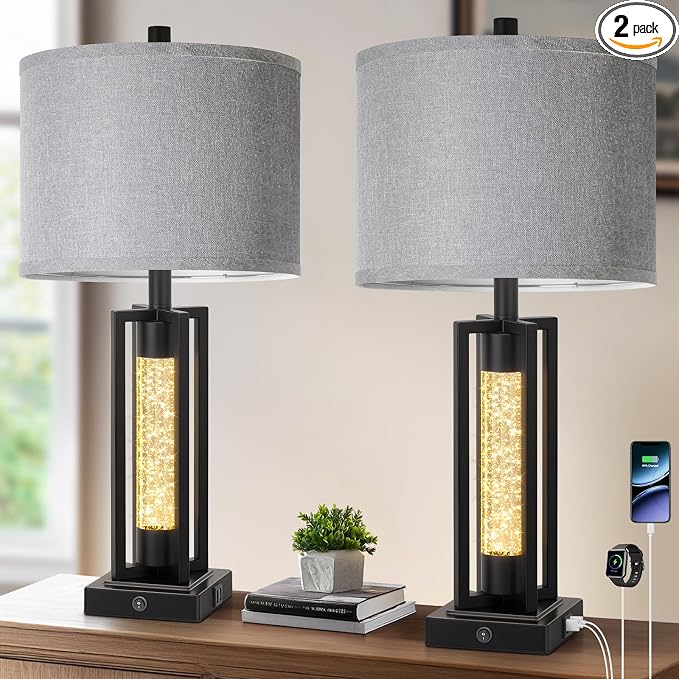 TOBUSA 26" Black Farmhouse Table Lamps Set of 2 with Crystal Night Light