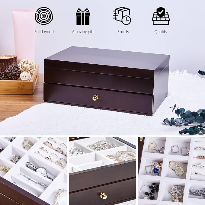 Wooden Jewelry Box with Drawer, 2-Layer Organizer, ek15-m-dark | Medium Size, Real Natural Solid Wood, Vintage Style Case with Earring Storage, Ring Compartments, and Necklace Hooks