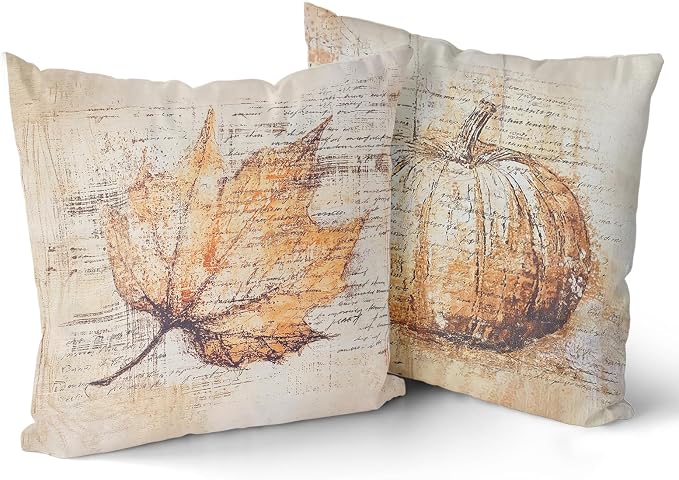 Giwawa Autumn Pillow Covers Set of 2 20x20 Inch- Vintage Fall Pumpkin Maple Leaf Decorative Cotton Throw Pillow Cases- Rustic Farmhouse Thanksgiving Cushion Covers for Sofa Porch Bed Season