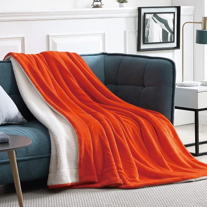 Walensee Sherpa Fleece Blanket (Throw Size 50”x60” Orange) Plush Throw Fuzzy Super Soft Reversible Microfiber Flannel Blankets for Couch, Bed, Sofa Ultra Luxurious Warm and Cozy for All Seasons