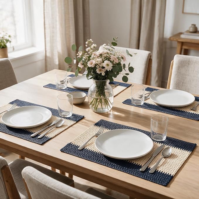 Artoid Mode Blue Paper Woven Farmhouse Stripe Placemats Set of 4,12x18 Inch Seasonal Holiday Table Mats Party Kitchen Dining Decoration