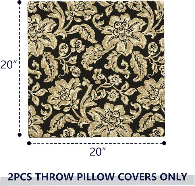 Outdoor Pillow Covers Waterproof 20x20 Inch Set of 2 Jacobean Black Decorative Outside Patio Furniture Cushion Cases Decor for Porch Garden
