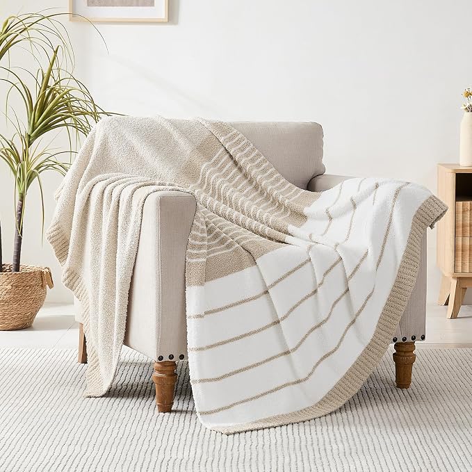 Soft Striped Throw Blanket for Couch, Cozy Warm Knitted Blankets | Lightweight Fuzzy Travel Warm Decor for Women, Mom, Girls, Sofa, Chair, 50x60in, Taupe White