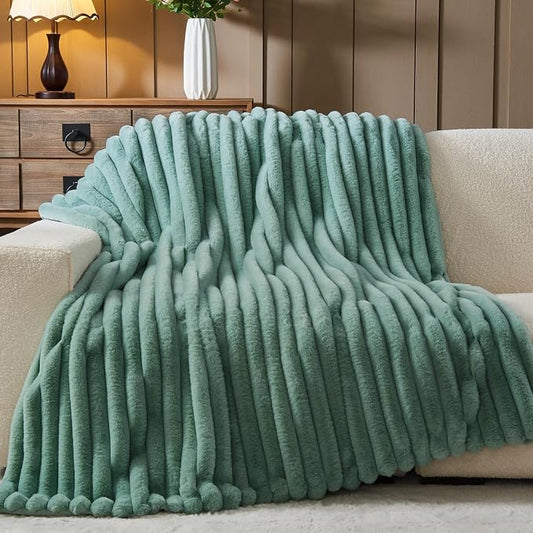 NEWCOSPLAY Faux Fur Ribbed Throw Blanket for Couch, New Sage Green, 50"x60" | Plush Soft Thick Warm Blanket for Couch Sofa Bed 850GSM, Fluffy Cozy Luxury Decorative Throw, Gift for Women Men