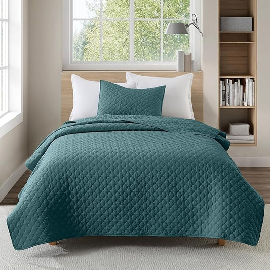 HORIMOTE HOME Quilt Twin Size Teal Blue, Lightweight Quilt for Summer Ultra-Soft Microfiber Modern Style Quilted Clouds Pattern Bedspread Quit Set 2 Pieces (1 Quilt and 1 Pillow Sham)