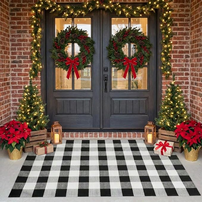 Buffalo Plaid Outdoor Rug 4x6 Ft Black and White Checkered Area Rug Washable Indoor Outdoor Rugs for Entryway,Hallway, Kitchen, Living Room, Dining Room, Bedroom