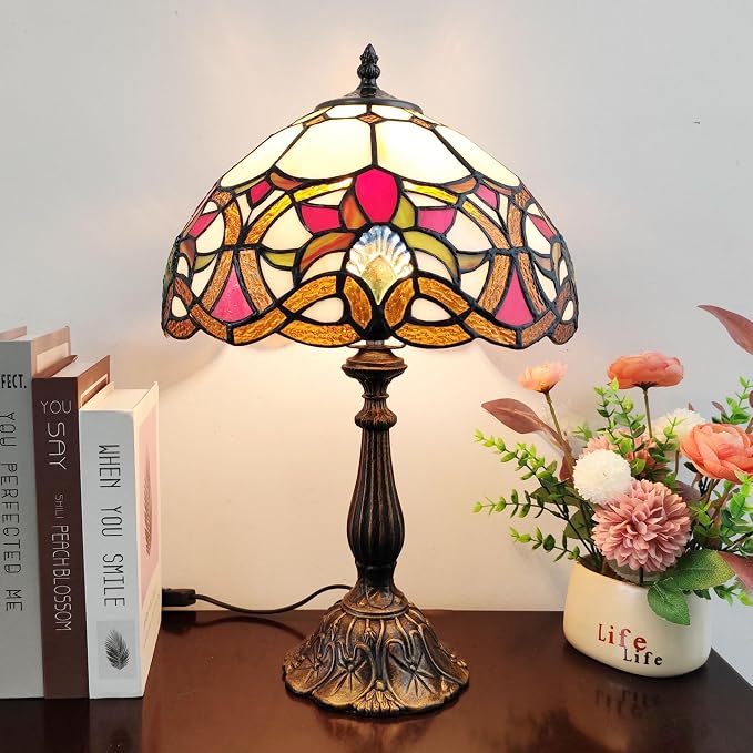 Tiffany Table Lamp Yellow Vines Flowers Stained Glass Desk Light 12 Inch Tiffany Style Bedside Lamp with LED Bulb for Bedroom Living Room Office Decor