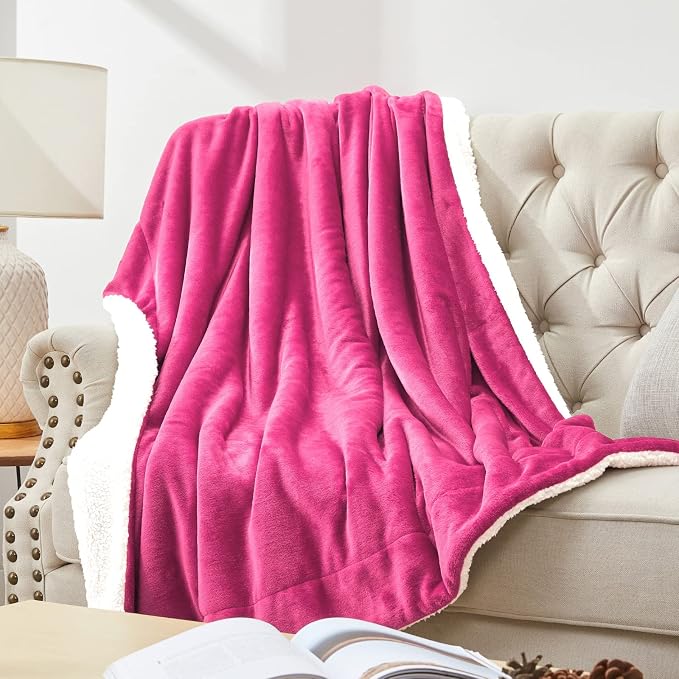 Walensee Sherpa Fleece Blanket (Throw Size 50”x60” Hot Pink) Plush Throw Fuzzy Super Soft Reversible Microfiber Flannel Blankets for Couch, Bed, Sofa Ultra Luxurious Warm and Cozy for All Seasons