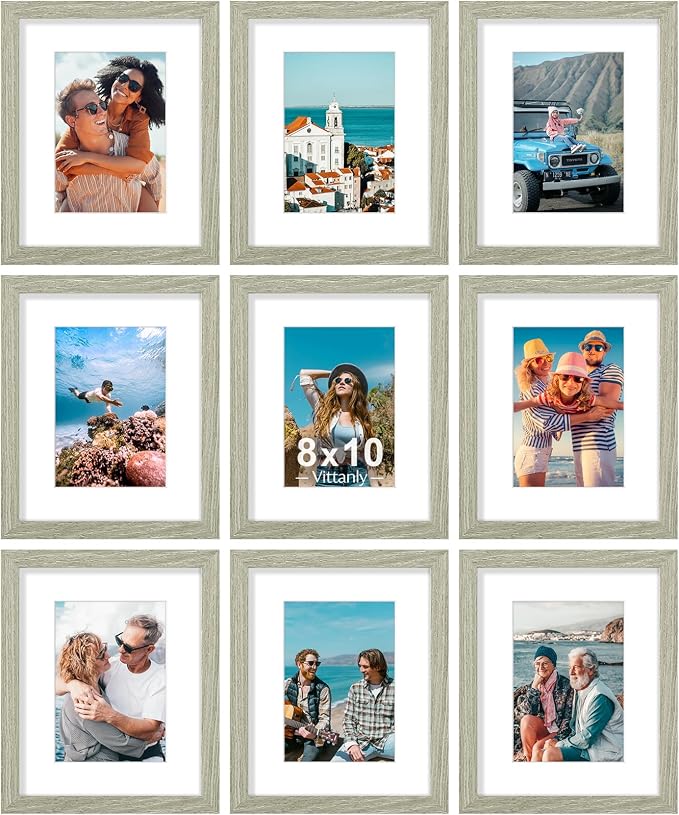Vittanly 8x10 Picture Frames Set of 9 for Wall Mount & Tabletop, Driftwood | Display Pictures 5x7 with Mat or 8x10 without Mat, Small Photo Frames, Engineered Wood with Shatter Resistant Plexiglass
