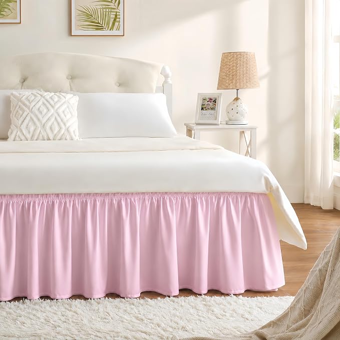 Dusty Pink Bed Skirt Twin Size 15" Drop, Elastic Wrap Around Bedskirt | Solid Ruffled, Easy to Use, No Mattress Lifting, Wrinkle & Fade Resistant, with Adhesive Strips, Machine Wash/Dry/Iron