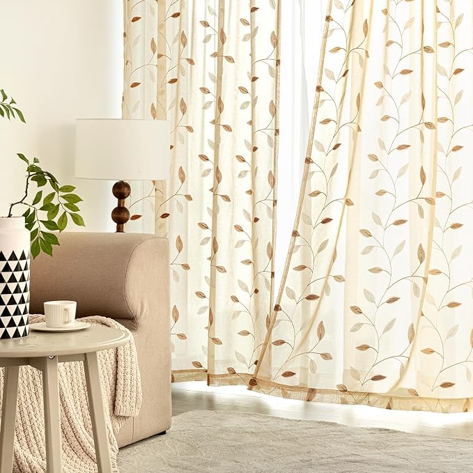 MIULEE Beige Sheer Curtains 2 Panels Embroidered Leaf Patterned, W52 x L63 | Embroidered Floral Semi Sheer,Rod Pocket,Faux Linen,Short Window Curtains Drapes Set for Kitchen/Bathroom/Cafe
