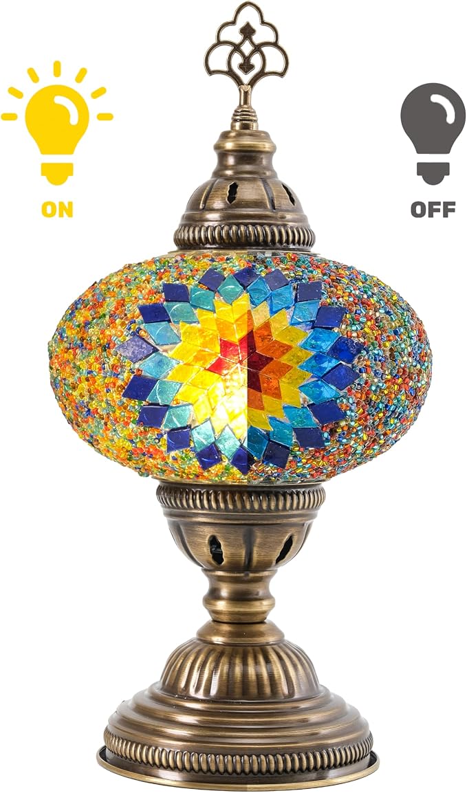 Turkish Mosaic Lamp with Bulb – Handmade Star Fire Stained Glass Table Light, Antique Bohemian Vintage Decor for Bedroom or Living Room, E12 Socket
